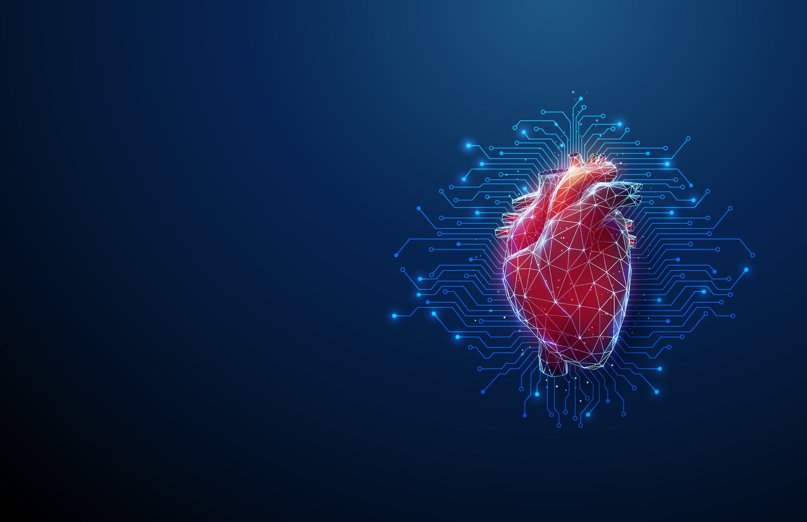 Illustration of a glowing faceted heart with circuit lines